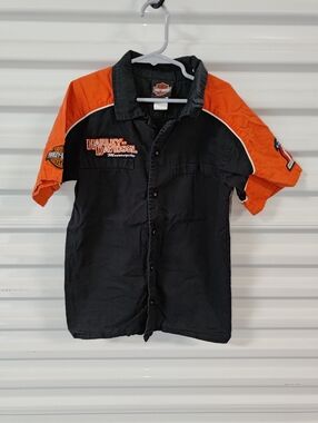 Harley-Davidson Motorcycles Button Down Short Sleeve Blk Orange Kids Shirt 12/14